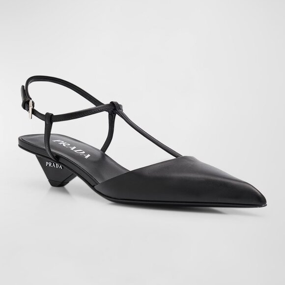 PRADA Modellerie Pointed Toe T Strap Ballerina Ballet Pumps Kitten Heels - Picture 2 of 15